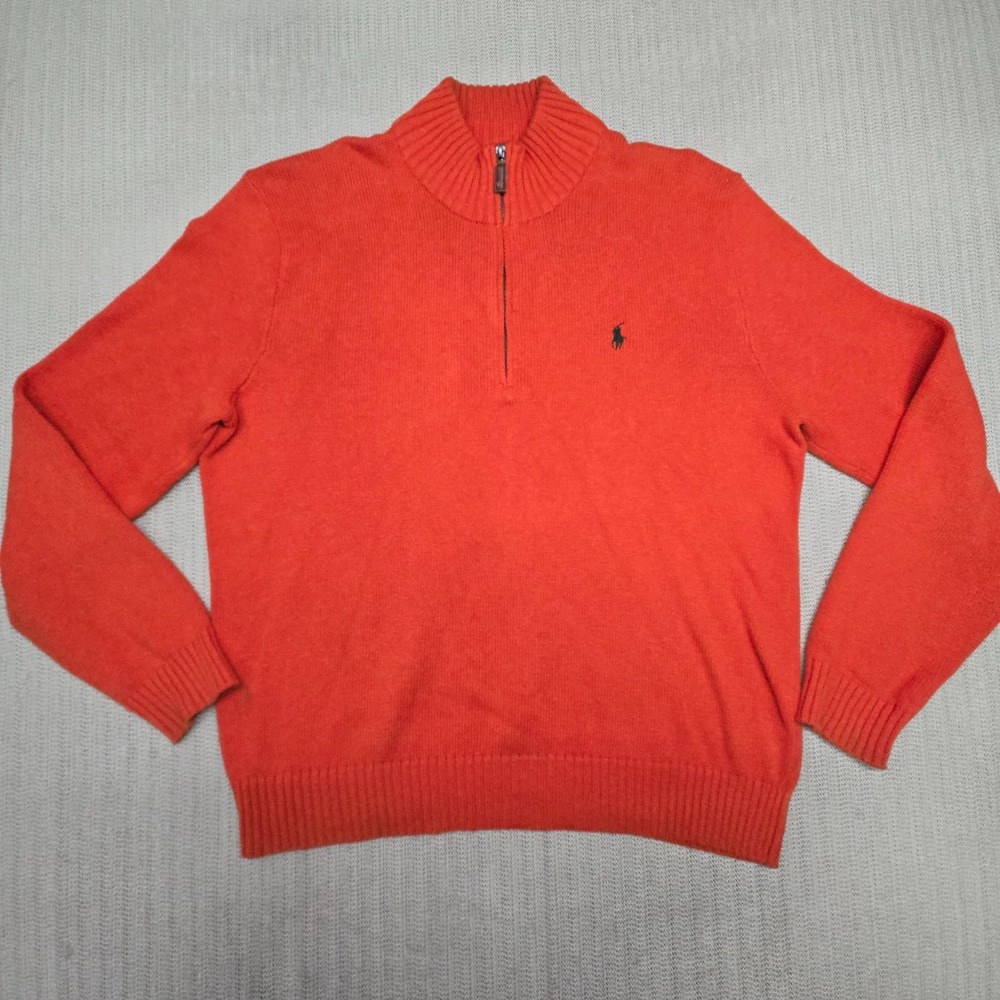 Polo Ralph Lauren Sweater Mens Large Orange 1/4 Zip Mock Neck Sweatshirt Pony